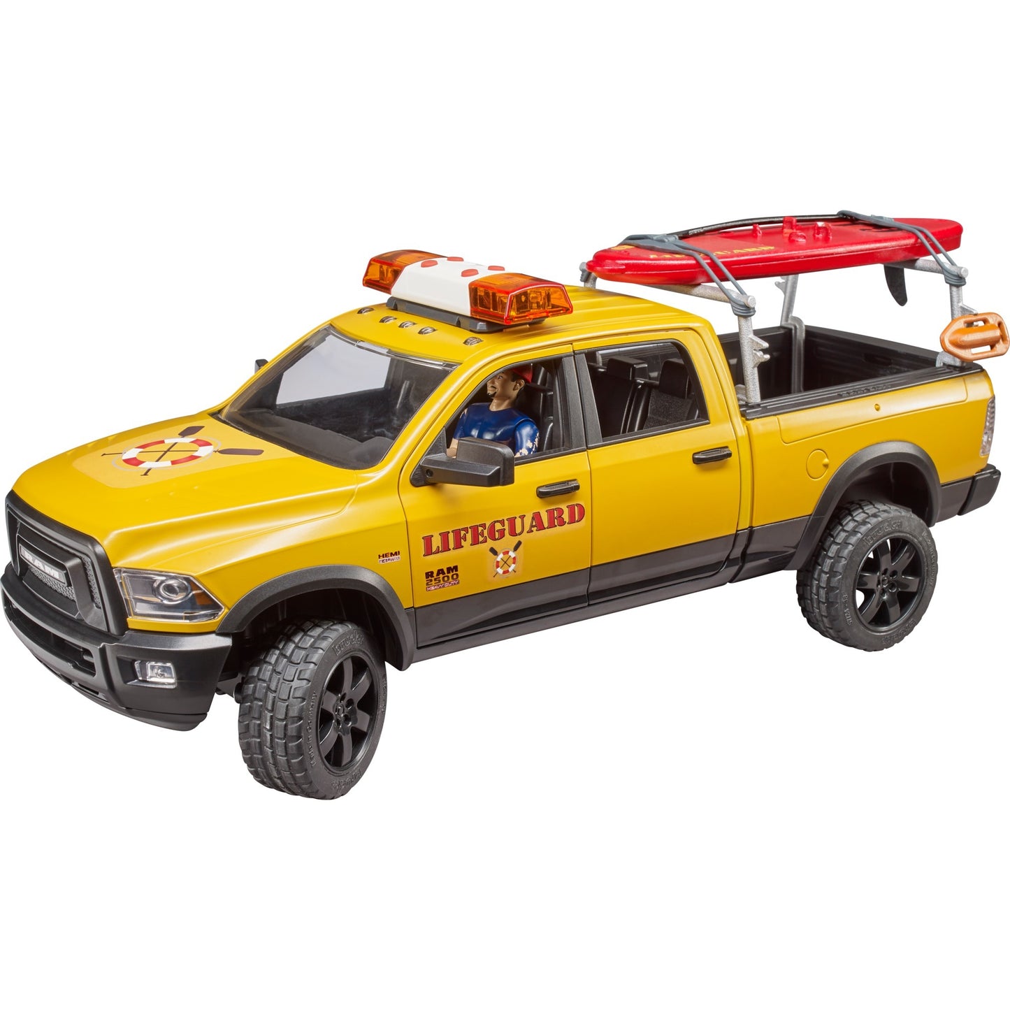 BRUDER RAM 2500 Power Wagon Life Guard (gelb/schwarz, Inkl. Figur, Stand Up Paddle und Light & Sound Modul)