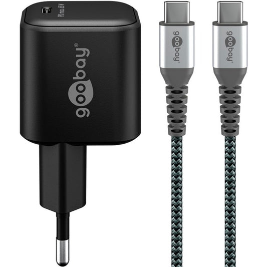 Goobay USB-C Ladeset, PD, 65 Watt, USB-C Textilkabel (schwarz, 1x USB-C PD, GaN, 1 Meter Kabel)