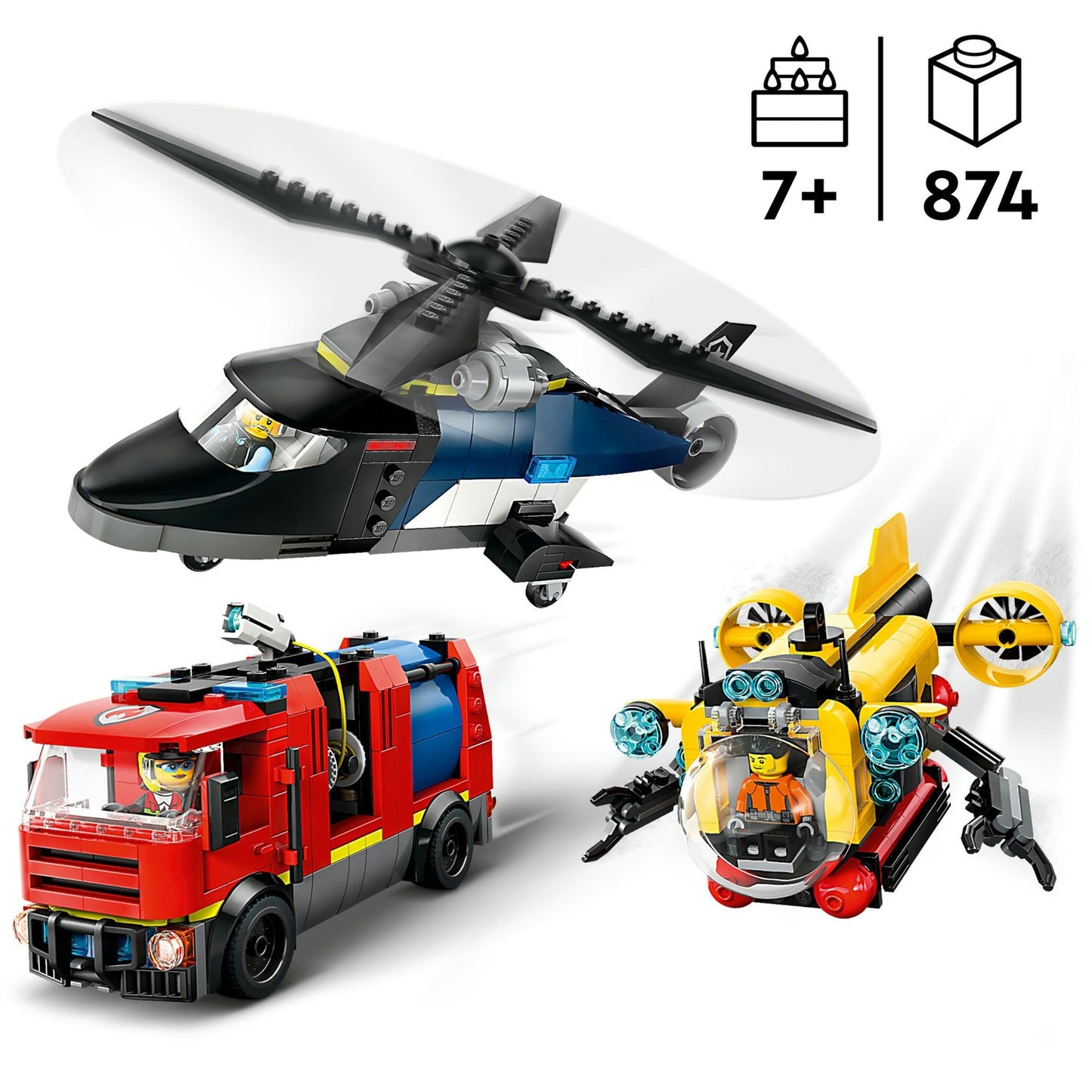 60462 City Kombinationsset mit Hubschrauber, Löschauto und U-Boot, Konstruktionsspielzeug