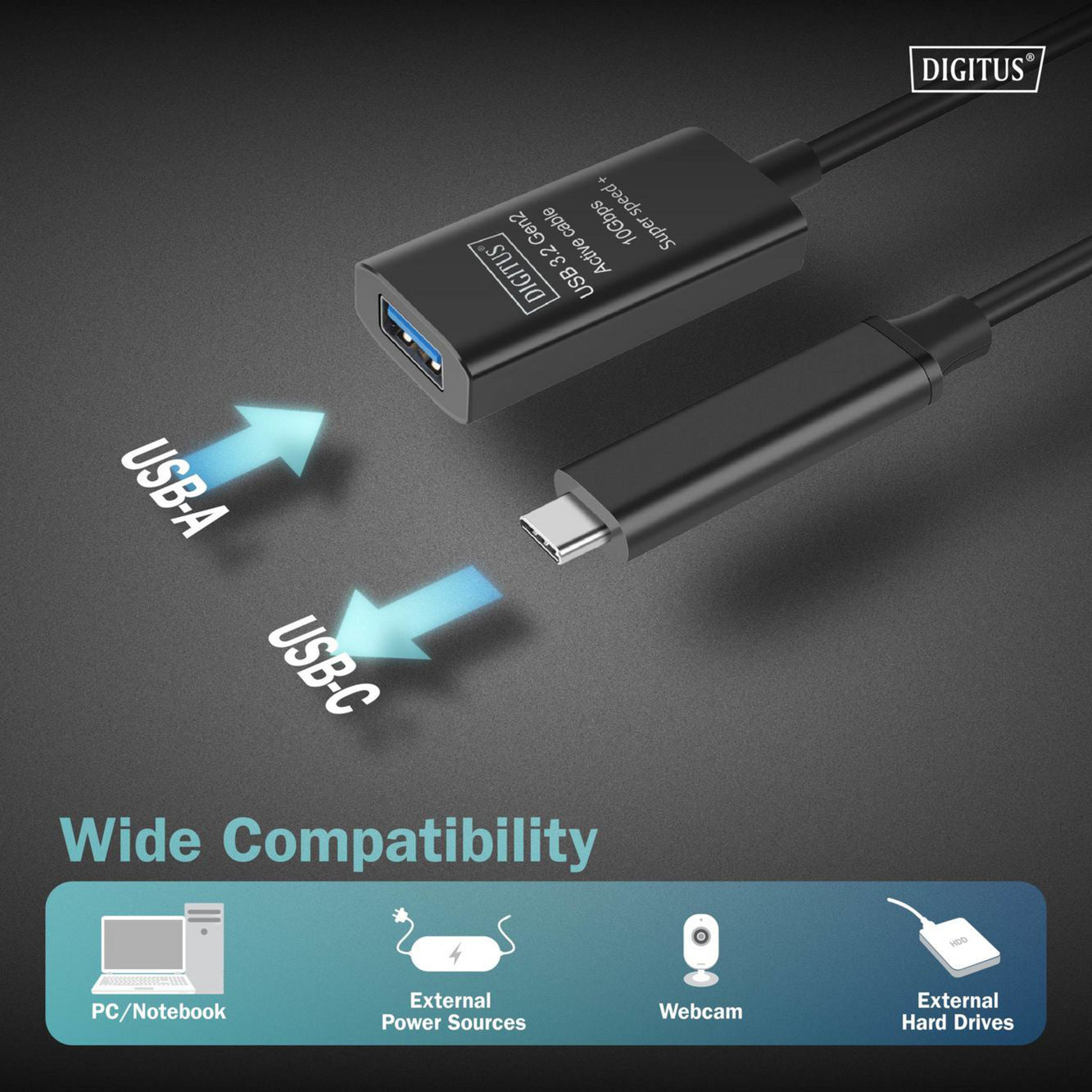 Aktives USB 3.2 Gen 2 Verlängerungskabel, USB-C Stecker > USB-A Buchse