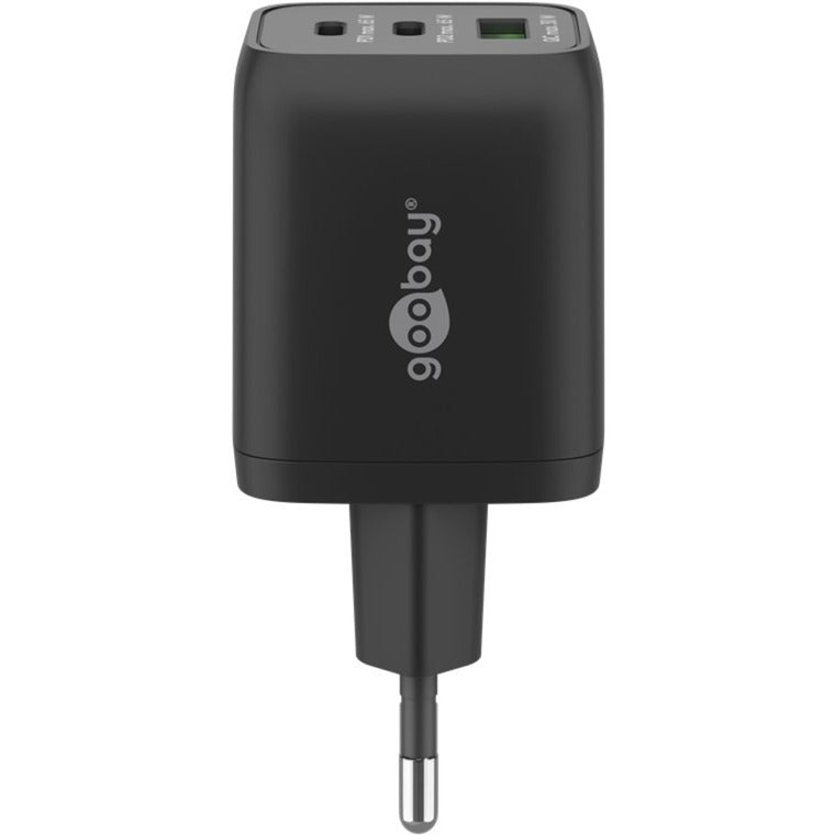 Goobay USB-C Schnellladegerät Nano, PD, GaN, 65 Watt, USB-C Textilkabel (schwarz, 1x USB-A, 2x USB-C PD, Quick Charge 3.0, 1 Meter Kabel)