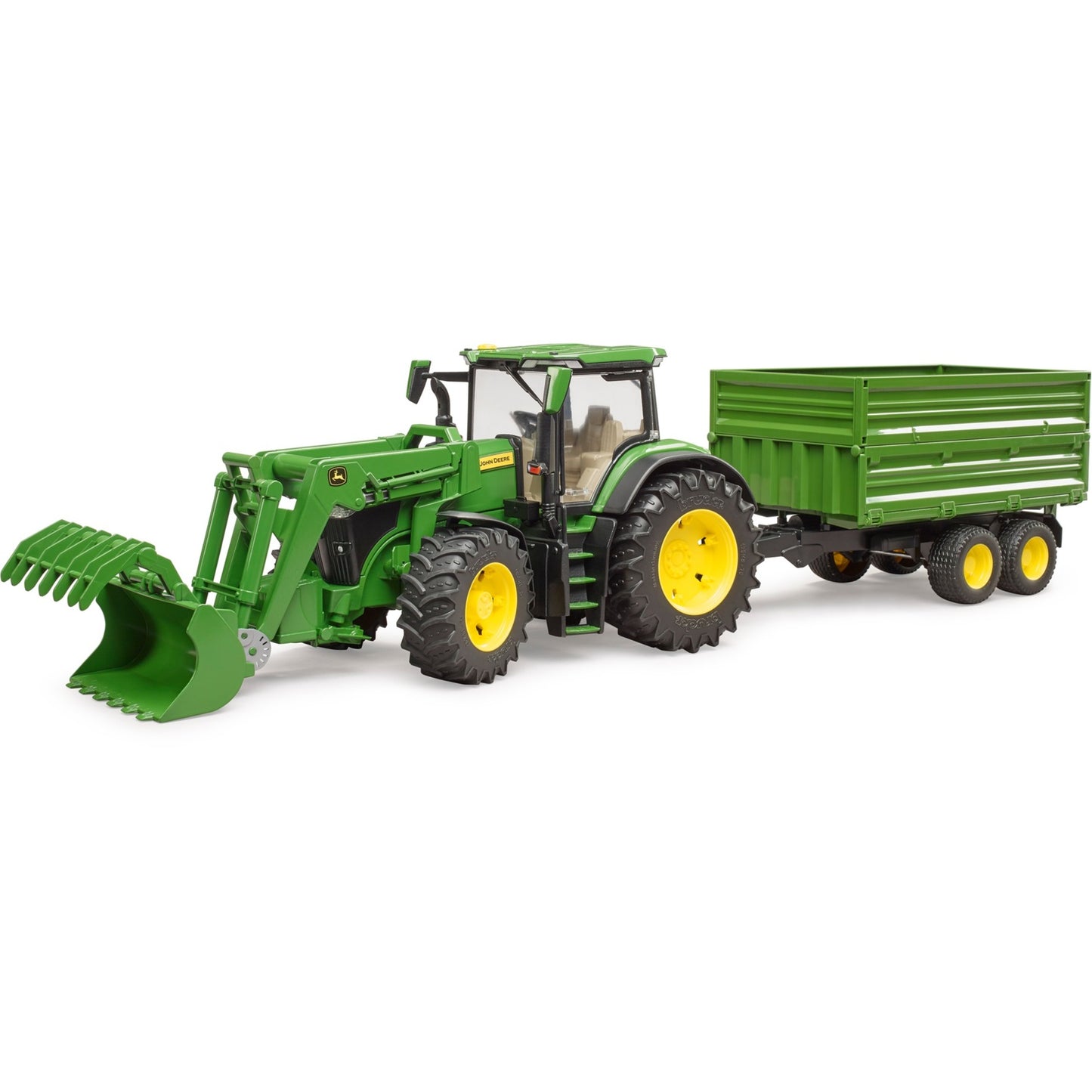 BRUDER John Deere 7R 350 mit Frontlader und Tandemachstransportanhänger (grün)