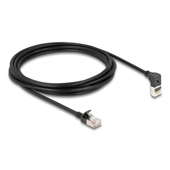 DeLOCK Patchkabel RJ-45 Cat.6a S/FTP, Slim 90° gewinkelt (schwarz, 3 Meter, 1x gerader, 1x unten abgewinkelter Stecker)