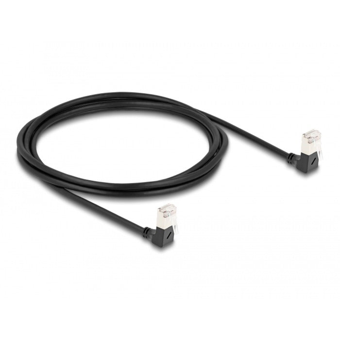 DeLOCK Patchkabel RJ-45 Cat.6a S/FTP, Slim 90° gewinkelt (schwarz, 2 Meter, nach oben abgewinkelte Stecker)