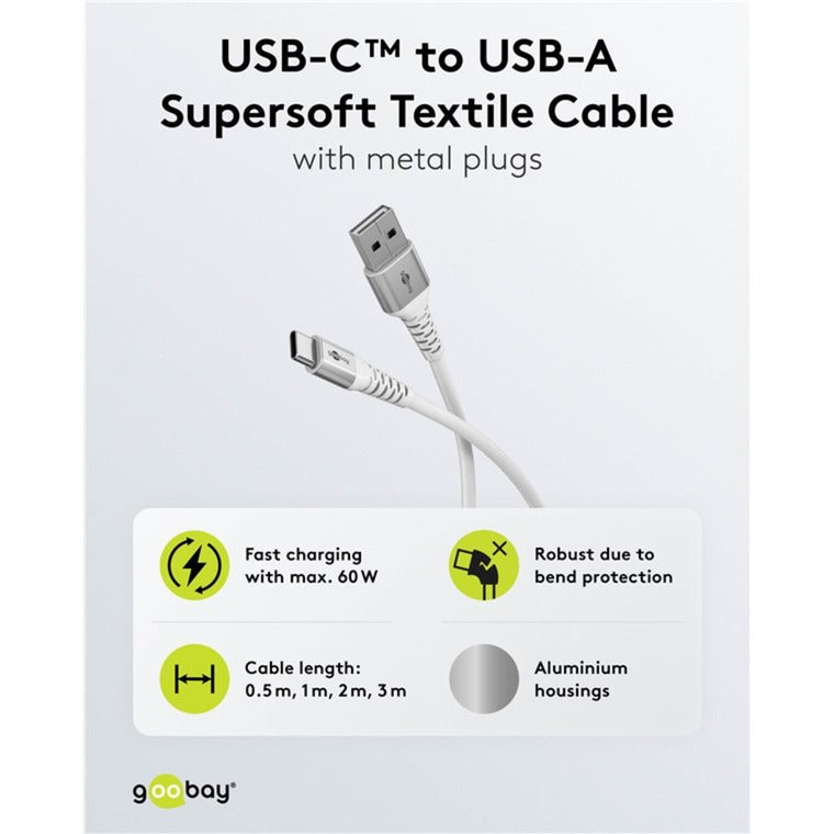 Supersoftes USB 2.0 Textilkabel, USB-A Stecker > USB-C Stecker
