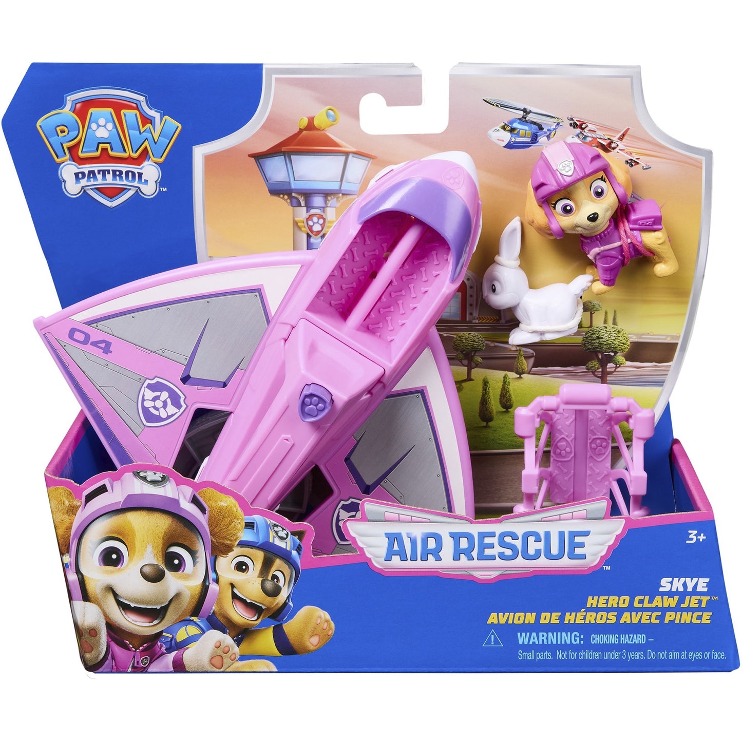 Paw Patrol Air Rescue - Skyes Rettungsflugzeug mit einziehbarer Klaue und Rettungskorb, mit Skye Spielfigur und Hase, Spielfahrzeug