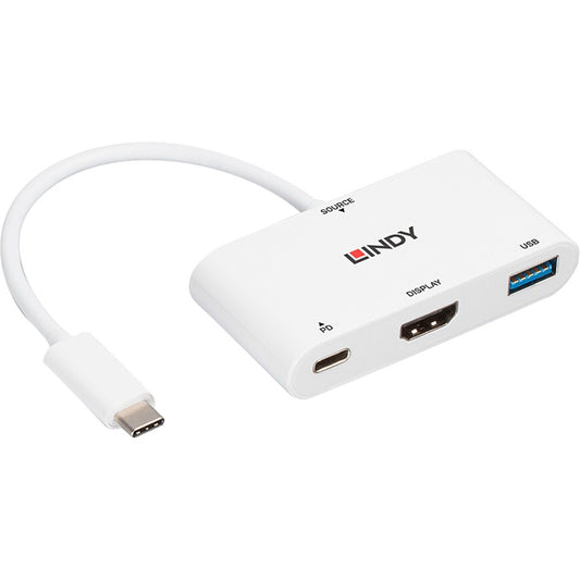 Lindy USB 3.2 Gen 1 Multiport-Hub, USB-C Stecker > USB-A + USB-C Buchse + HDMI-Buchse (weiss, 18cm, PD 3.0, Laden mit bis zu 100 Watt)