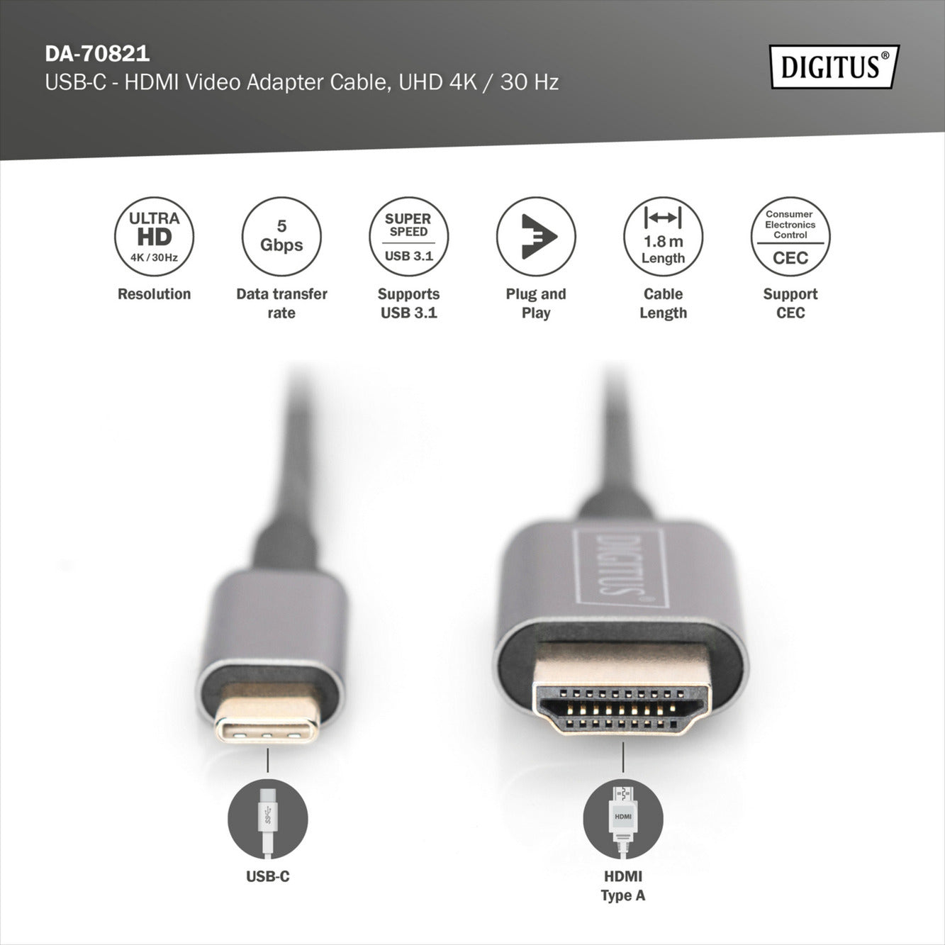 USB-C Adapterkabel USB-C > HDMI A, 4K @ 30HZ
