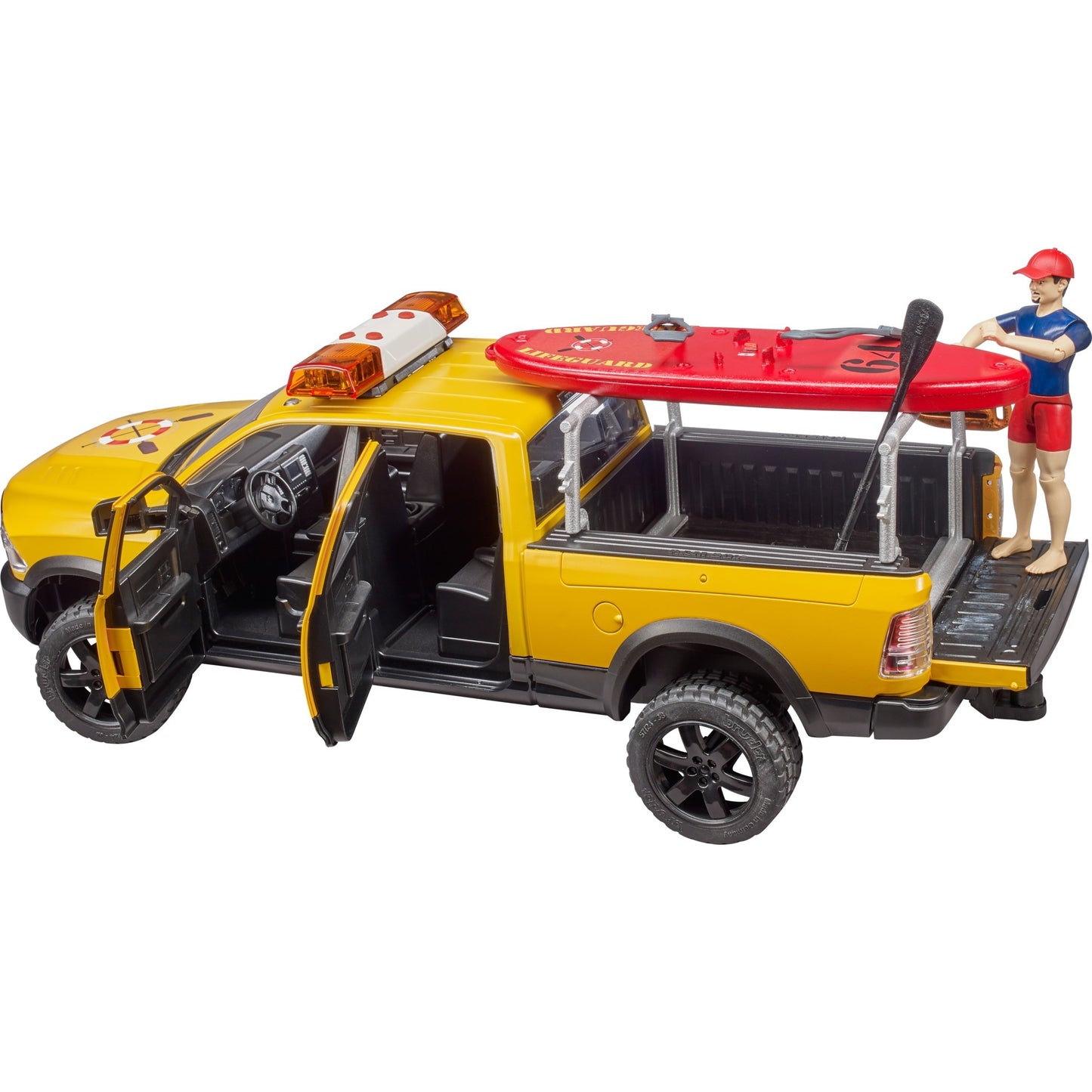 BRUDER RAM 2500 Power Wagon Life Guard (gelb/schwarz, Inkl. Figur, Stand Up Paddle und Light & Sound Modul)