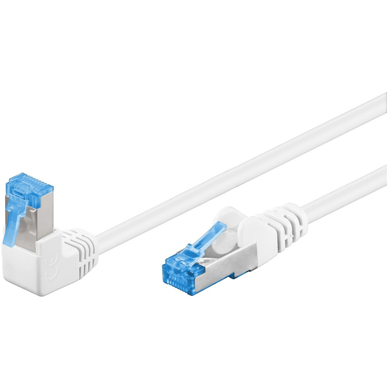 Goobay Patchkabel Cat.6a S/FTP (PiMF), 1x 90° gewinkelt (weiss, 0,5 Meter, doppelt geschirmt)