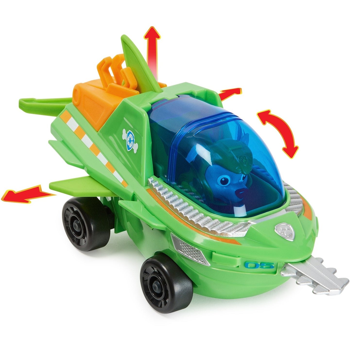 Spin Master PAW Patrol Aqua Pups - Basis Fahrzeug im Sägefisch-Design mit Rocky-Welpenfigur, Spielfahrzeug