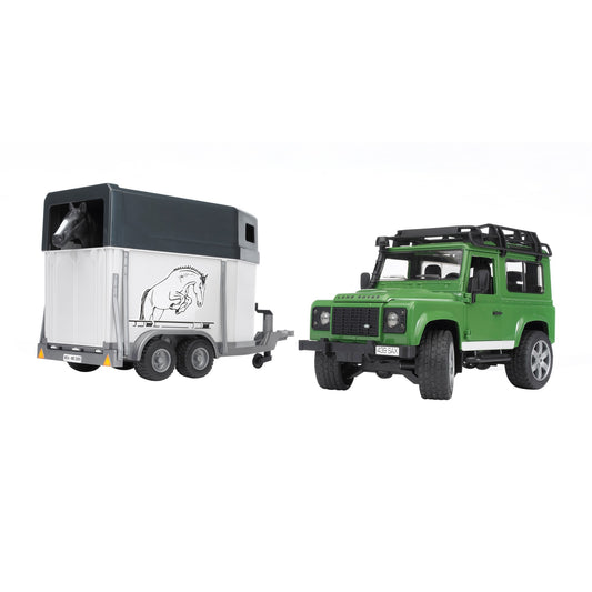 BRUDER Land Rover Defender mit Pferdeanhänger (mit einem Pferd)