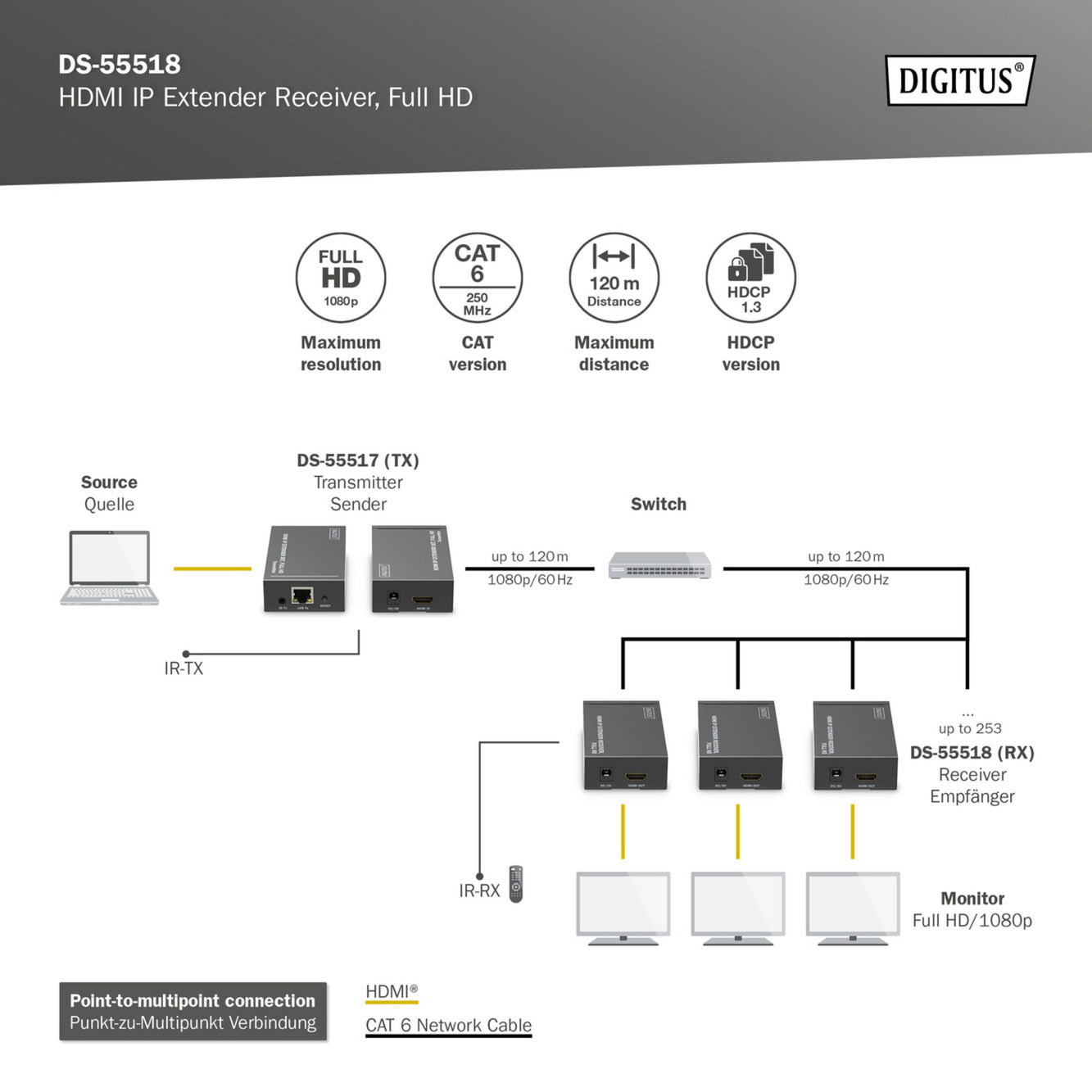 HDMI IP Extender Receiver DS-55518, Full HD, HDMI Verlängerung