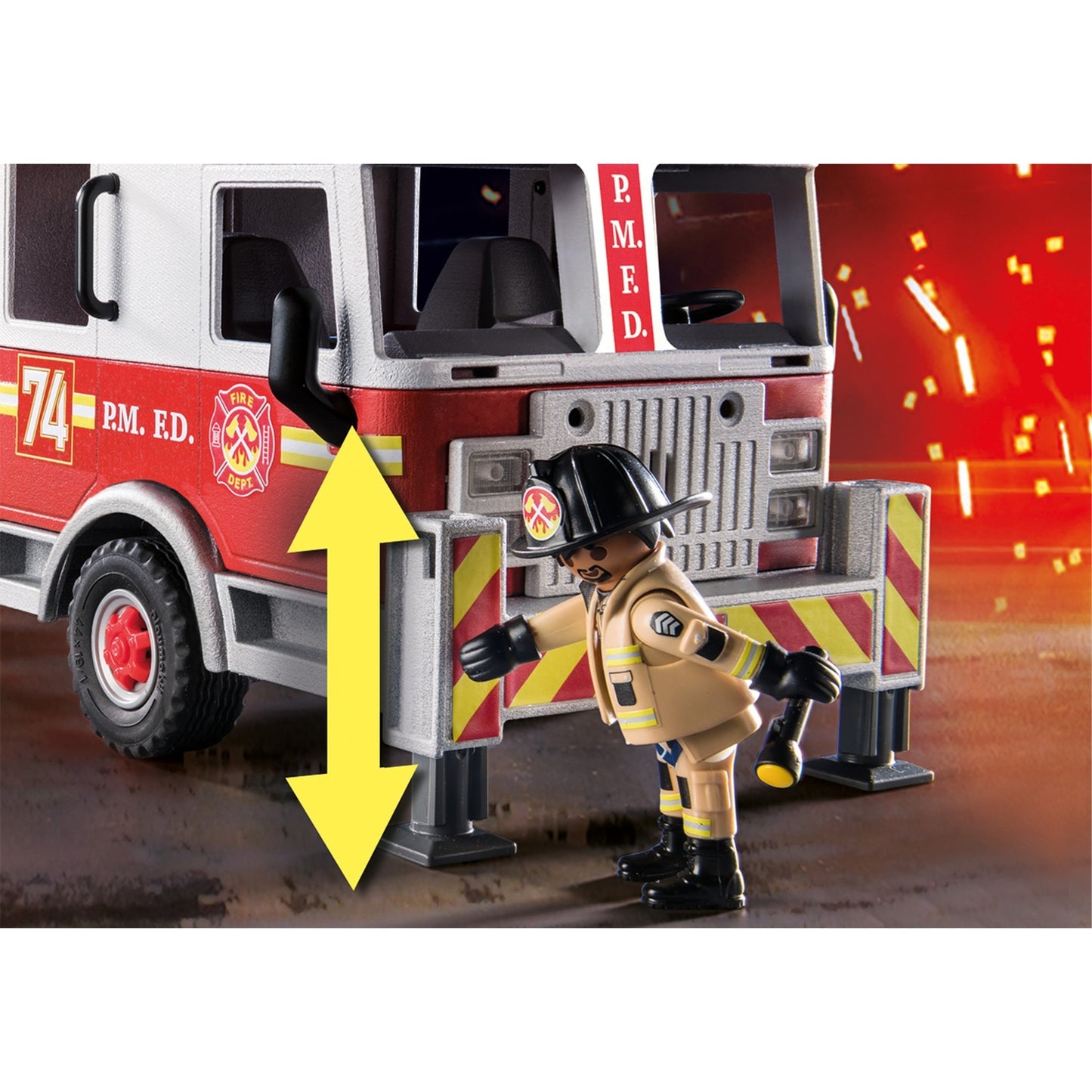 Playmobil 70935 City Action Feuerwehr-Fahrzeug: US Tower Ladder (mehrfarbig, Mit Licht, Sound und funktionierender Wasserkanone)