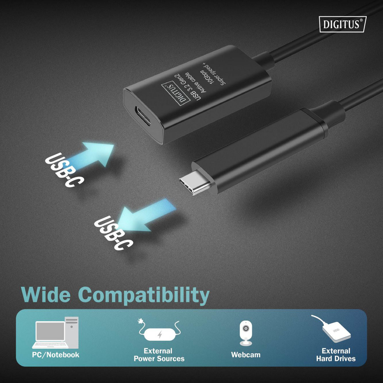 Aktives USB 3.2 Gen 2 Verlängerungskabel, USB-C Stecker > USB-C Buchse