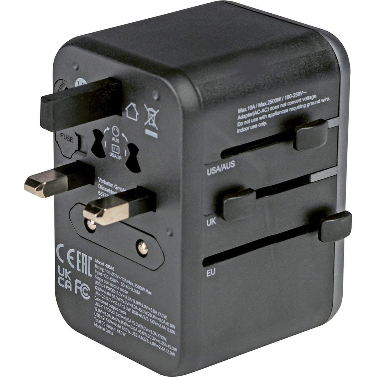 Verbatim Universal-Reiseadapter UTA-04 (schwarz/silber, 3x USB-A, 2x USB-C)