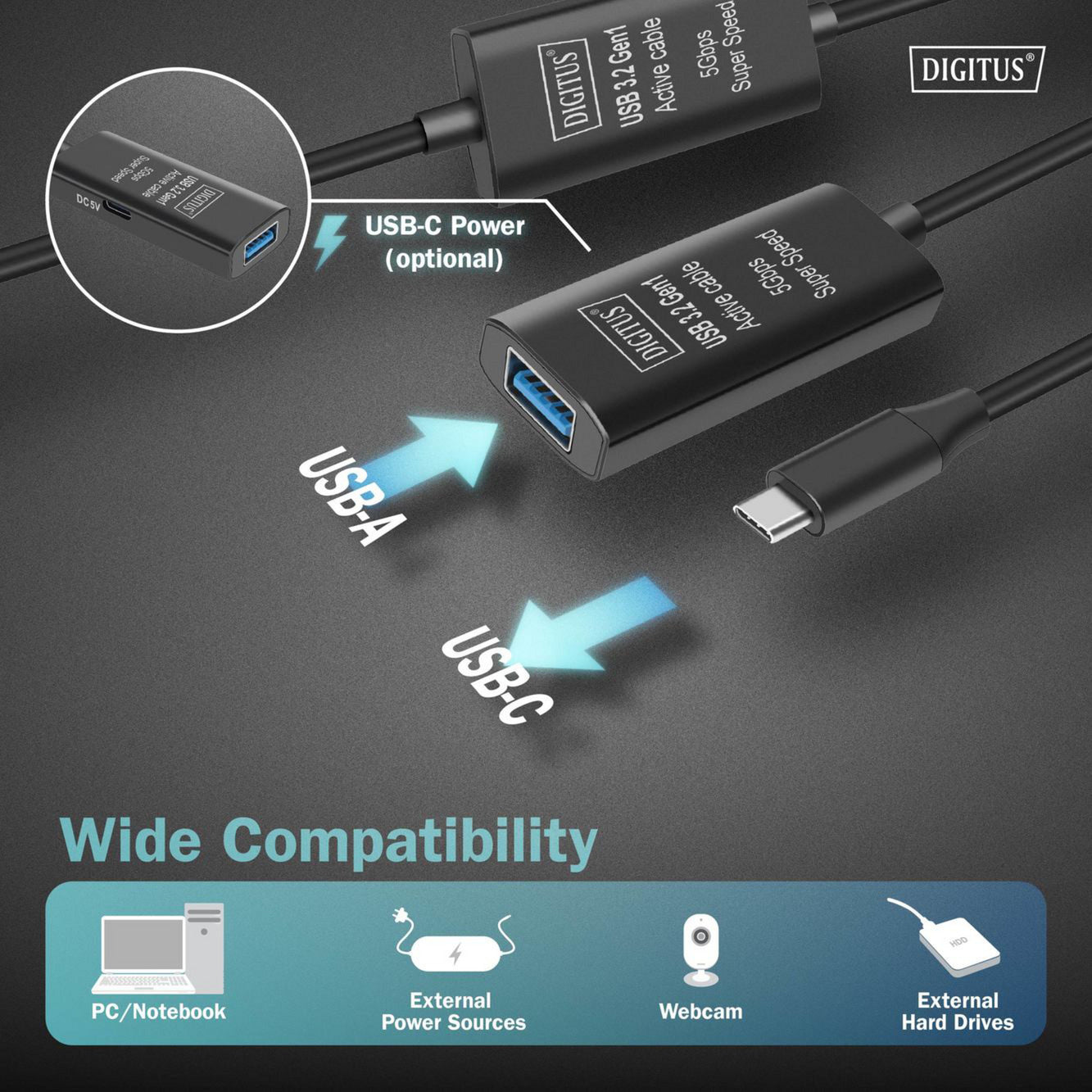 Aktives USB 3.2 Gen 1 Verlängerungskabel, USB-C Stecker > USB-A Buchse