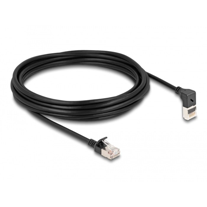 DeLOCK Patchkabel RJ-45 Cat.6a S/FTP, Slim 90° gewinkelt (schwarz, 5 Meter, 1x gerader, 1x unten abgewinkelter Stecker)