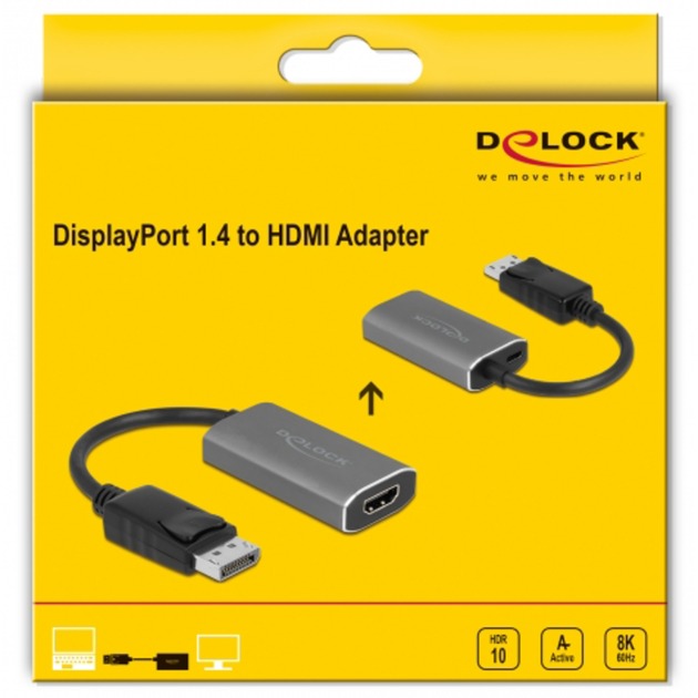 DeLOCK Aktiver Adapter, DisplayPort Stecker > HDMI 8K Buchse (schwarz/grau, 20cm, mit HDR Funktion)