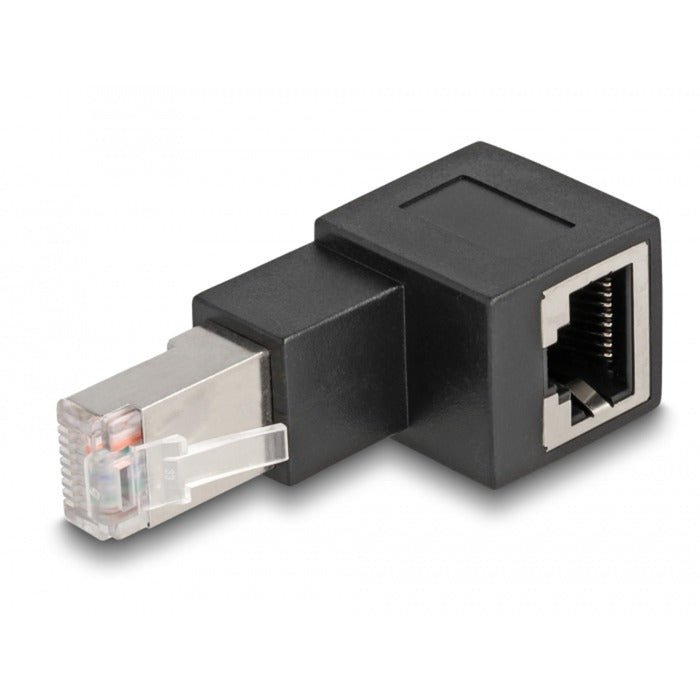 DeLOCK Adapter RJ-45 Stecker > RJ-45 Buchse, Cat.6a (schwarz, 90° nach oben gewinkelt)