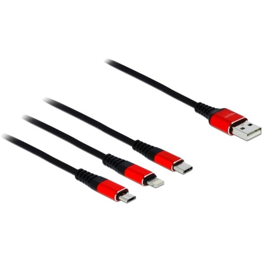 DeLOCK USB Ladekabel, USB-A Stecker > USB-C + Micro USB + Lightning Stecker (schwarz/rot, 30cm, gesleevt, nur Ladefunktion)