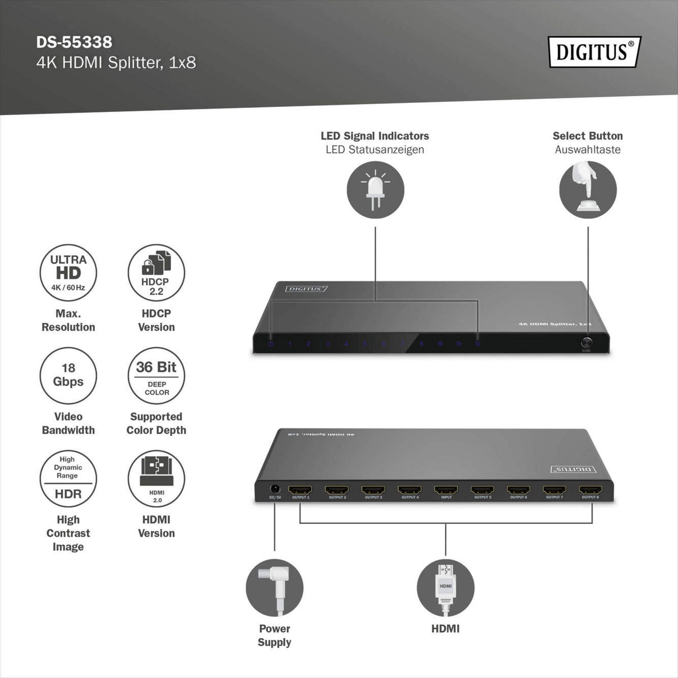 4K HDMI Splitter, 1x8