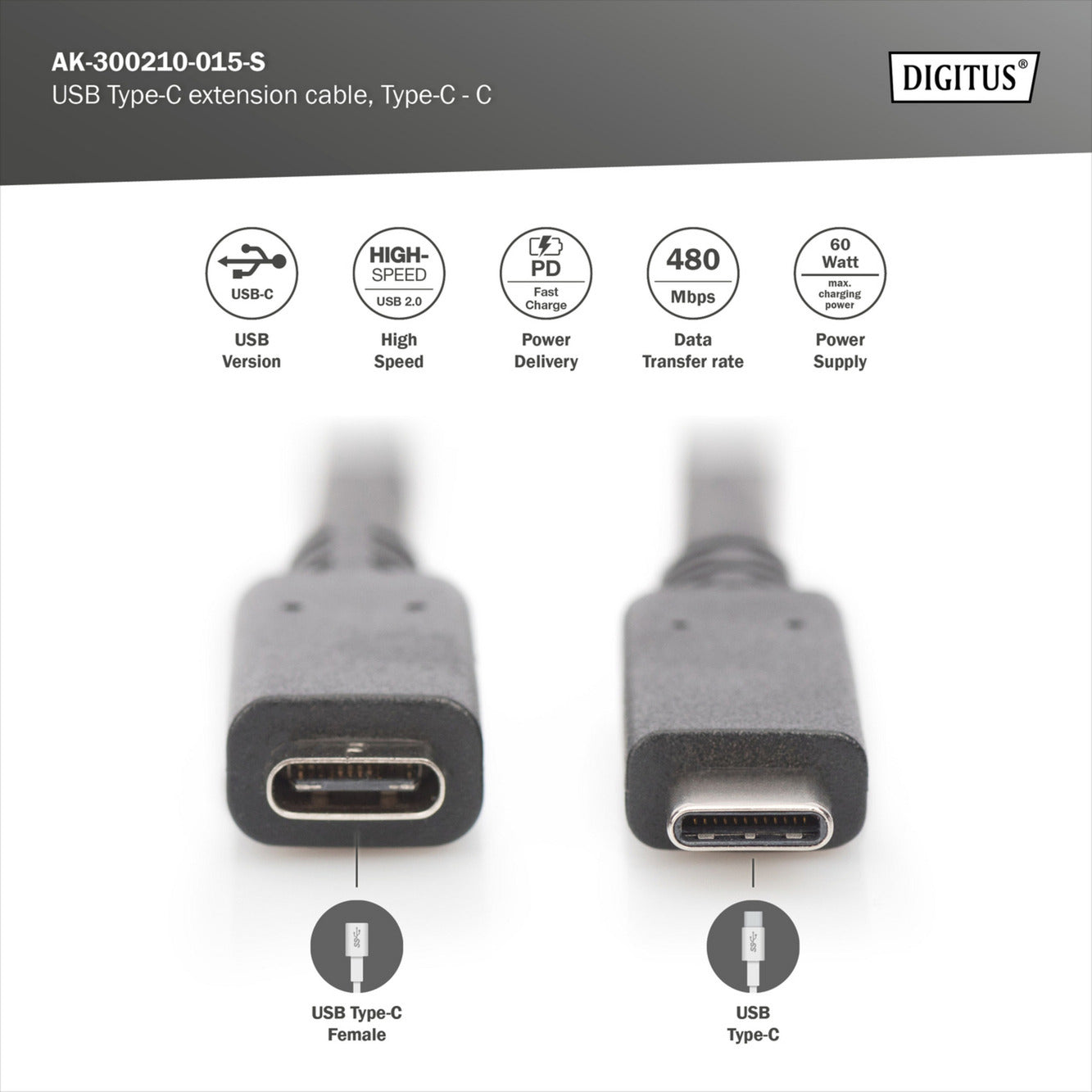 USB 2.0 Verlängerungskabel, USB-C Stecker > USB-C Buchse
