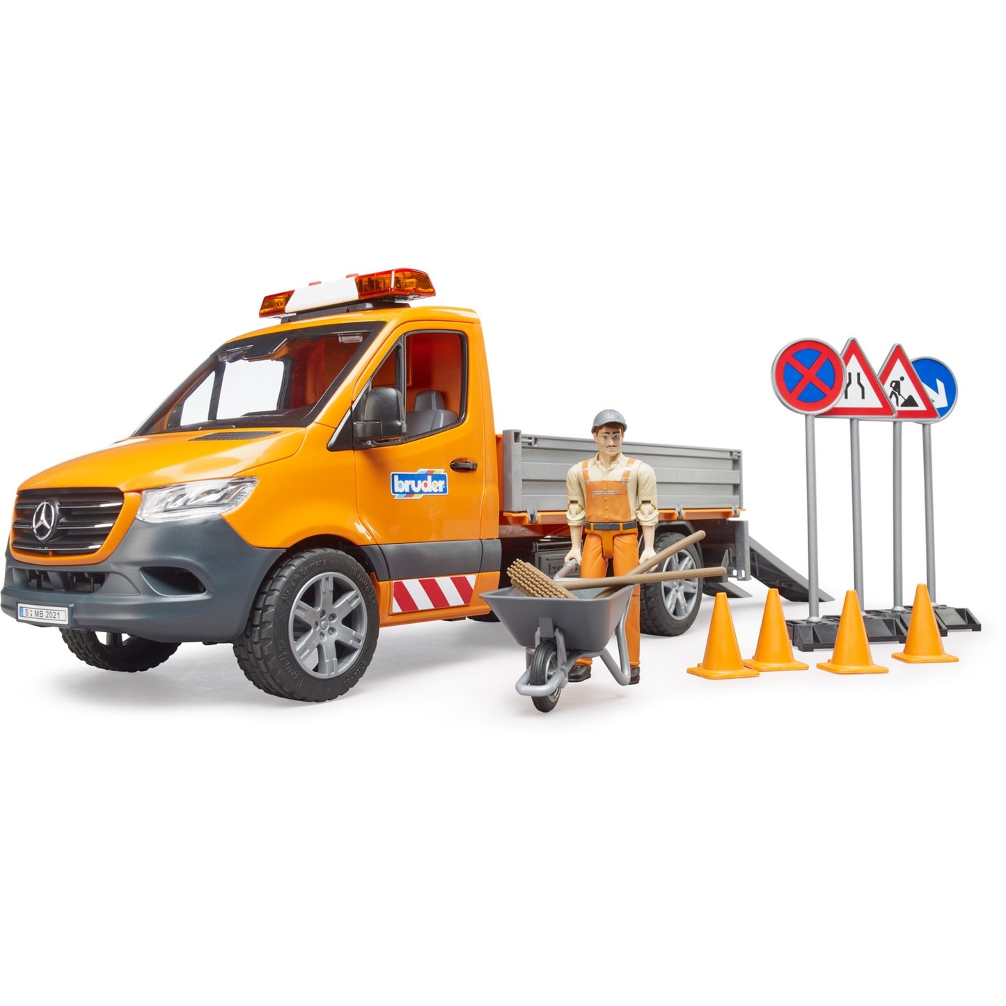 BRUDER MB Sprinter Kommunal mit Light & Sound Modul (orange, Inkl. Fahrer und Zubehör)