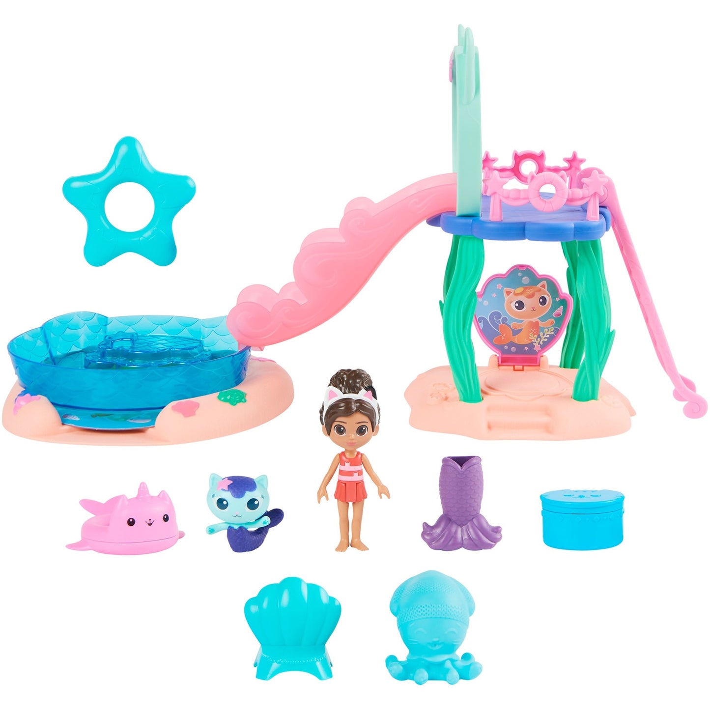 Spinmaster DreamWorks Gabby's Dollhouse Cat Adventures - Purrific Pool Party Spielset (mit Gabby- und Meerkätzchen-Figur)