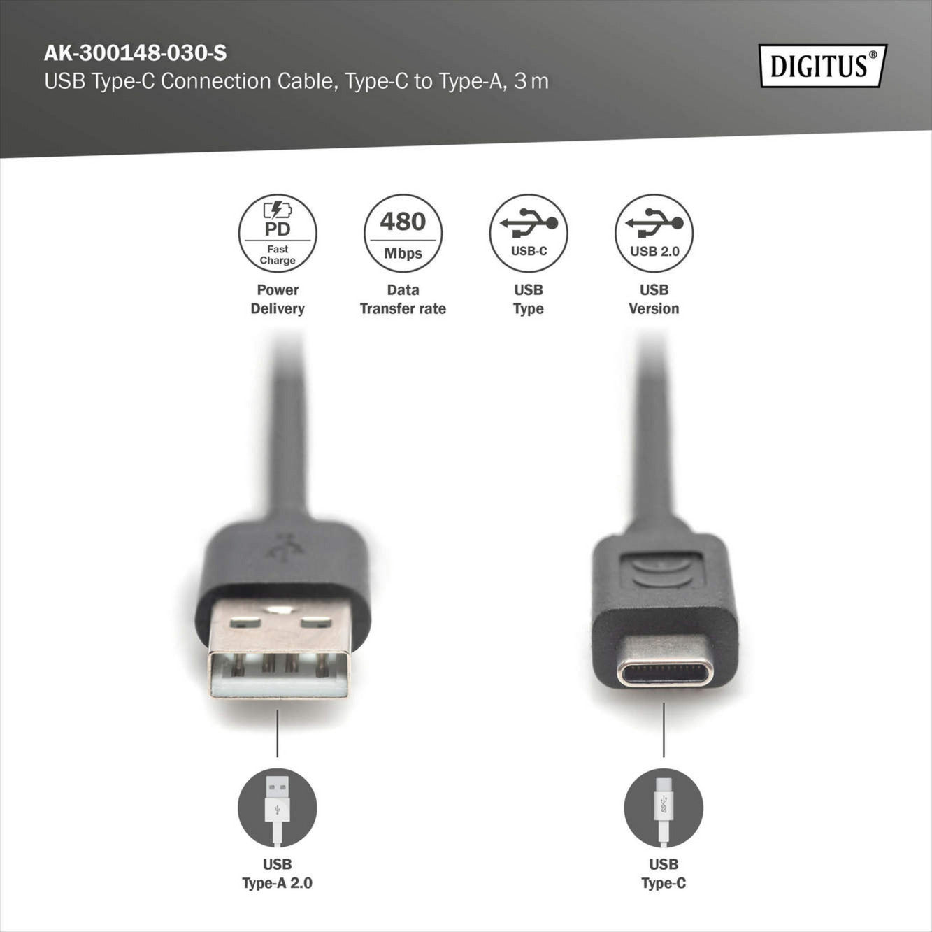USB 2.0 Anschlusskabel USB-A > USB-C