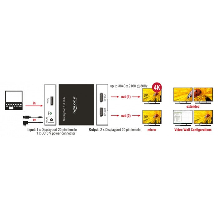 DeLOCK DisplayPort Splitter 1.2 > 2x DisplayPort 4K (schwarz)