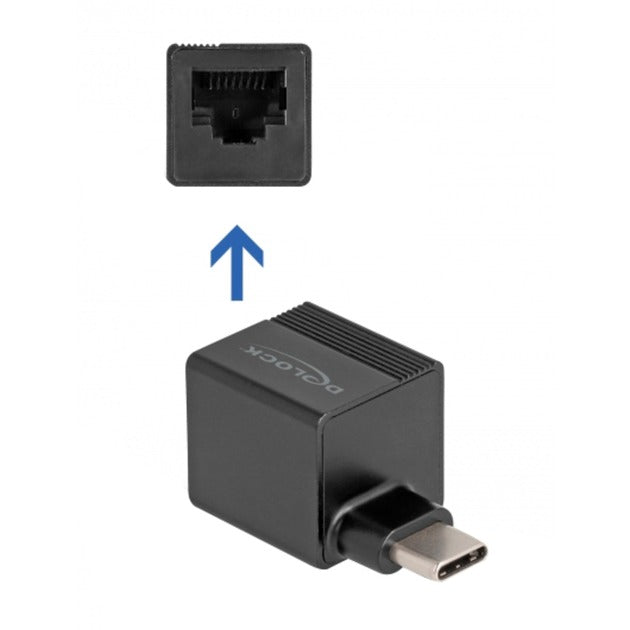 DeLOCK USB 3.2 Gen 1 Adapter mini, USB-C Stecker > RJ-45 Buchse (schwarz, 90° abgewinkelt, Gigabit LAN 10/100/1.000 Mbit/s)