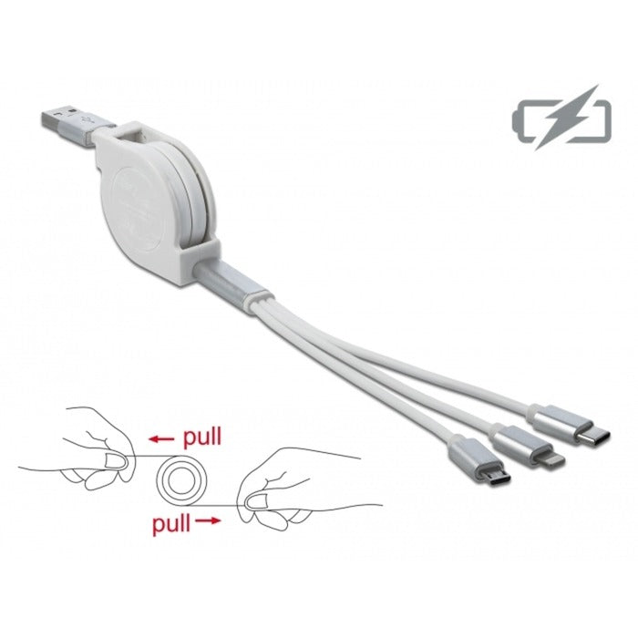 DeLOCK USB Aufrollladekabel, USB-A > Micro-USB + USB-C + Lightning (weiss/silber, ca. 1 Meter, nur Ladefunktion)