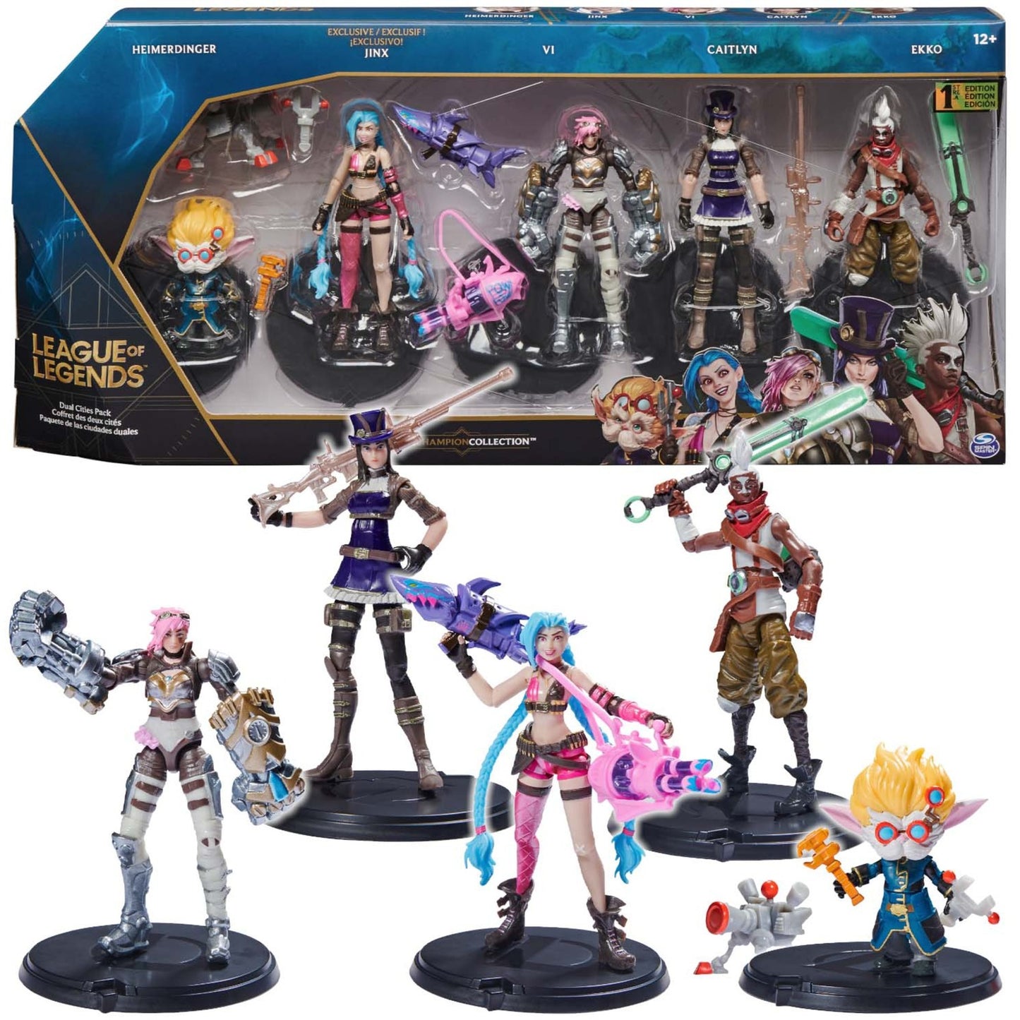 Spinmaster League of Legends - 10cm Actionfiguren 5er Pack (Vi, Caitlyn, Ekko, Heimerdinger und exklusiver Jinx, jeweils mit Accessoires, Ausstellungssockel)