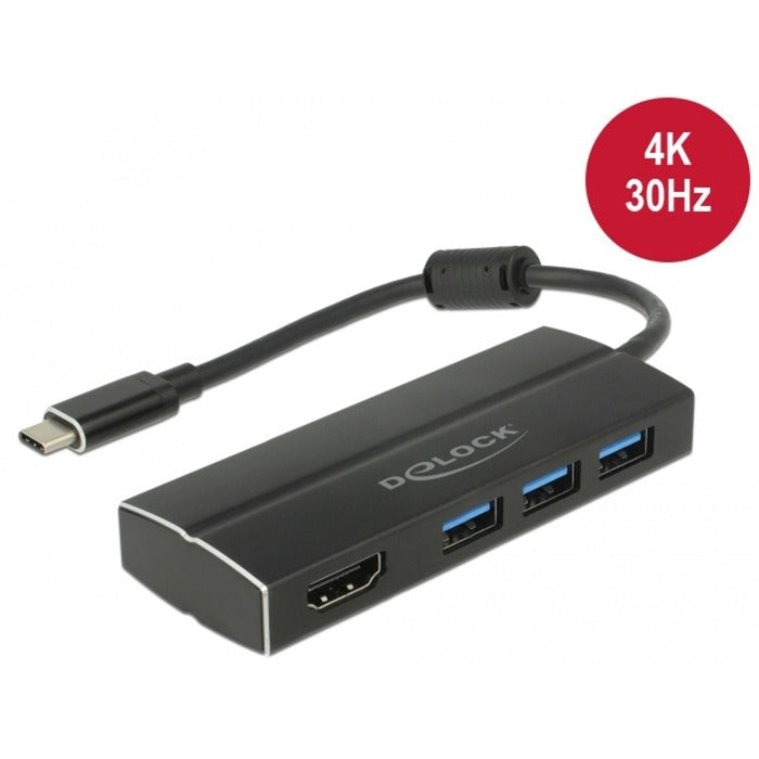 DeLOCK USB 3.2 Gen 1 Hub, USB-C Stecker > 3x USB-A Buchse + HDMI Buchse (schwarz, 15cm)