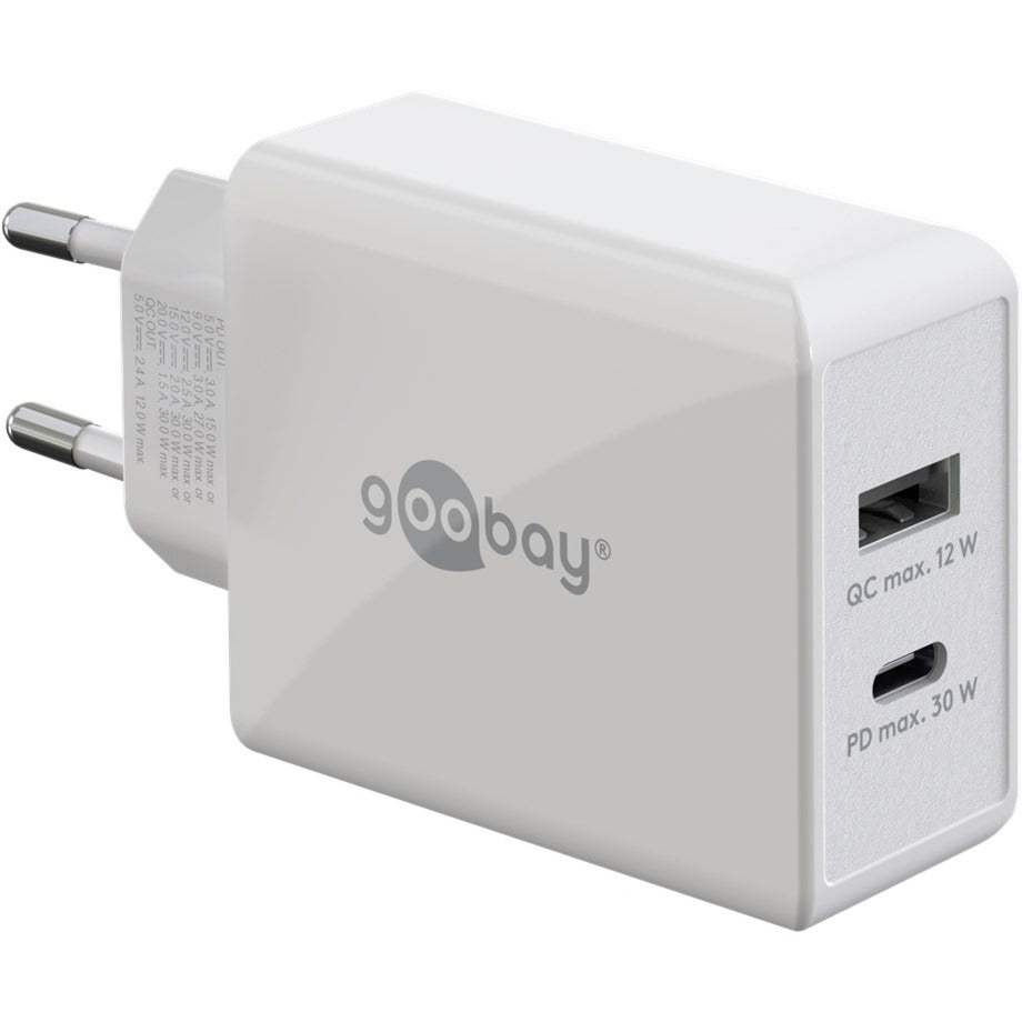 Goobay USB-C PD Dual-Schnellladegerät 30 Watt (weiss, 1x USB-A, 1x USB-C PD)