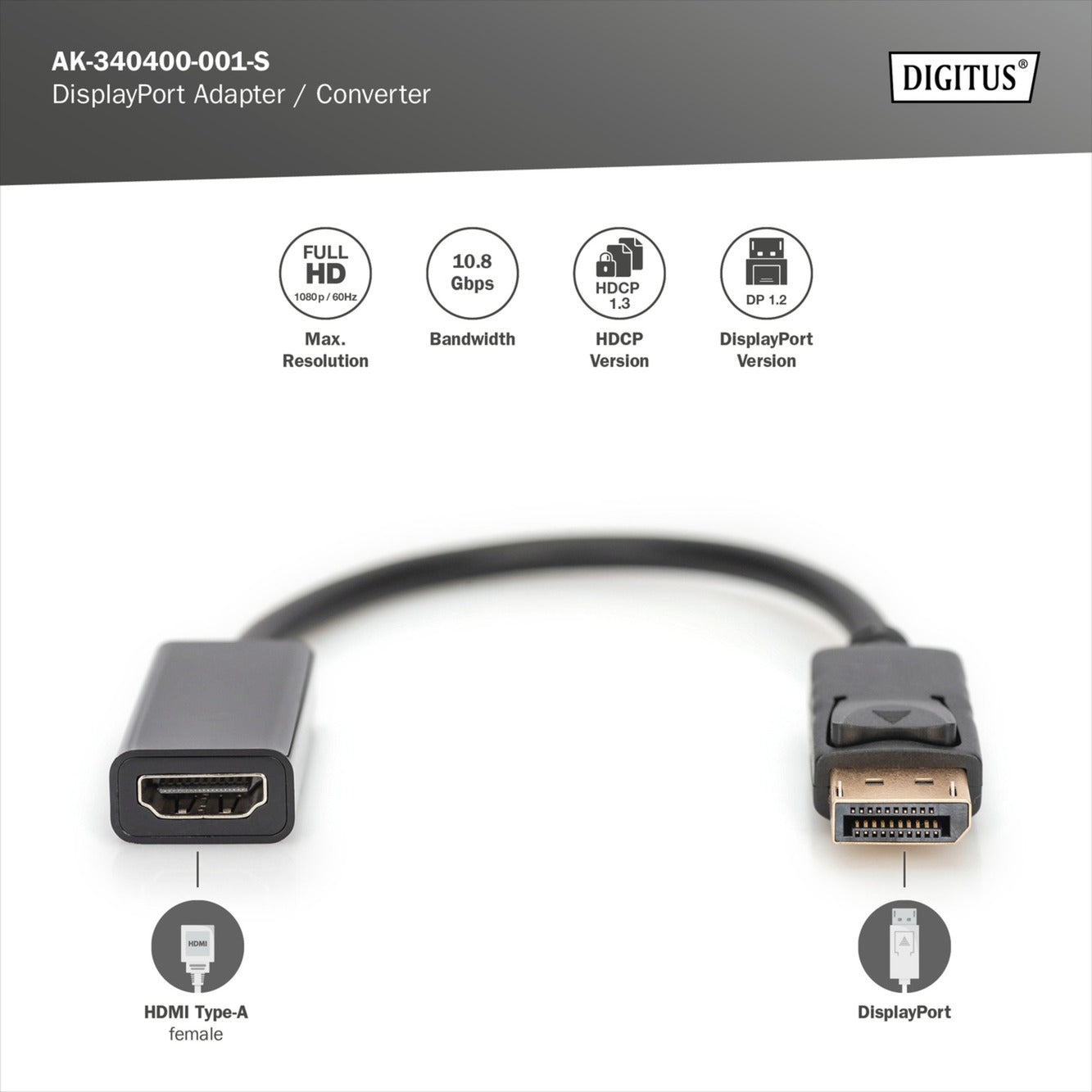 Digitus Adapter / Konverter DisplayPort > HDMI (schwarz, 15cm)