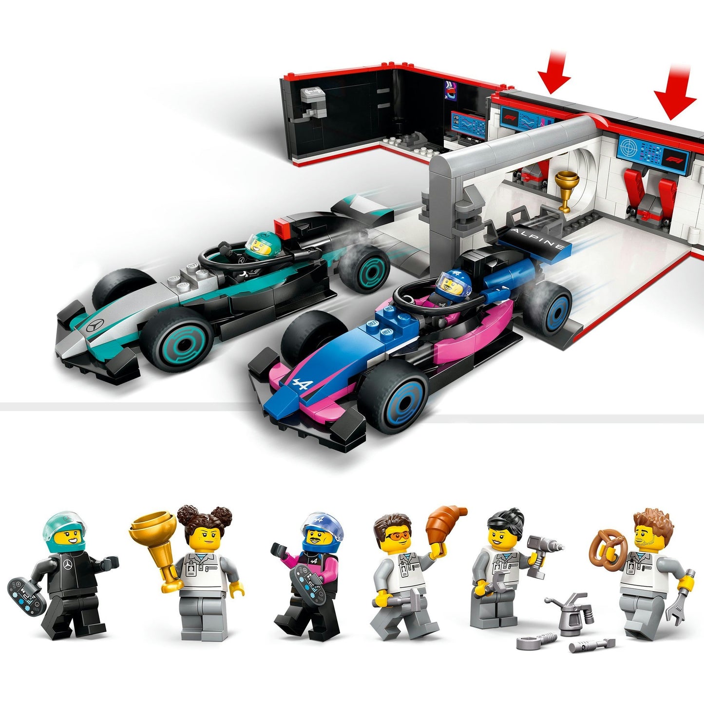 60444 City F1 Garage mit Mercedes-AMG & Alpine Rennautos, Konstruktionsspielzeug