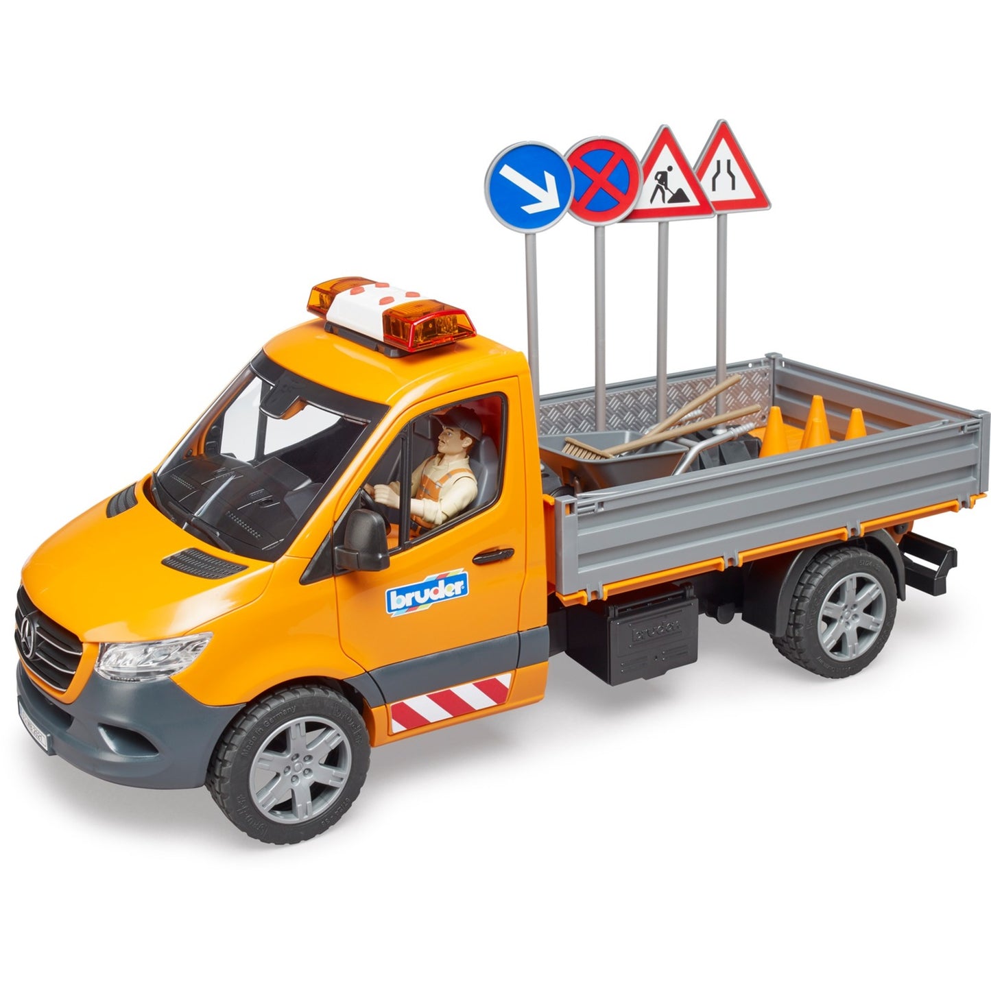 BRUDER MB Sprinter Kommunal mit Light & Sound Modul (orange, Inkl. Fahrer und Zubehör)