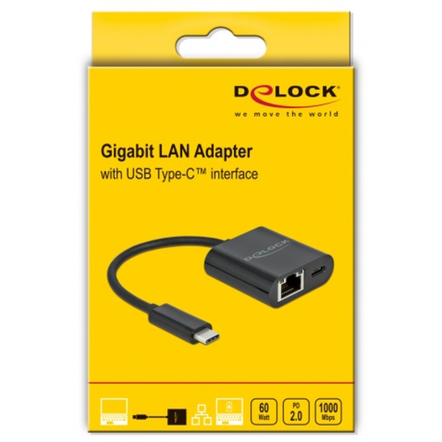 DeLOCK Adapter USB-C > Gigabit LAN, mit PD Anschluss (schwarz)