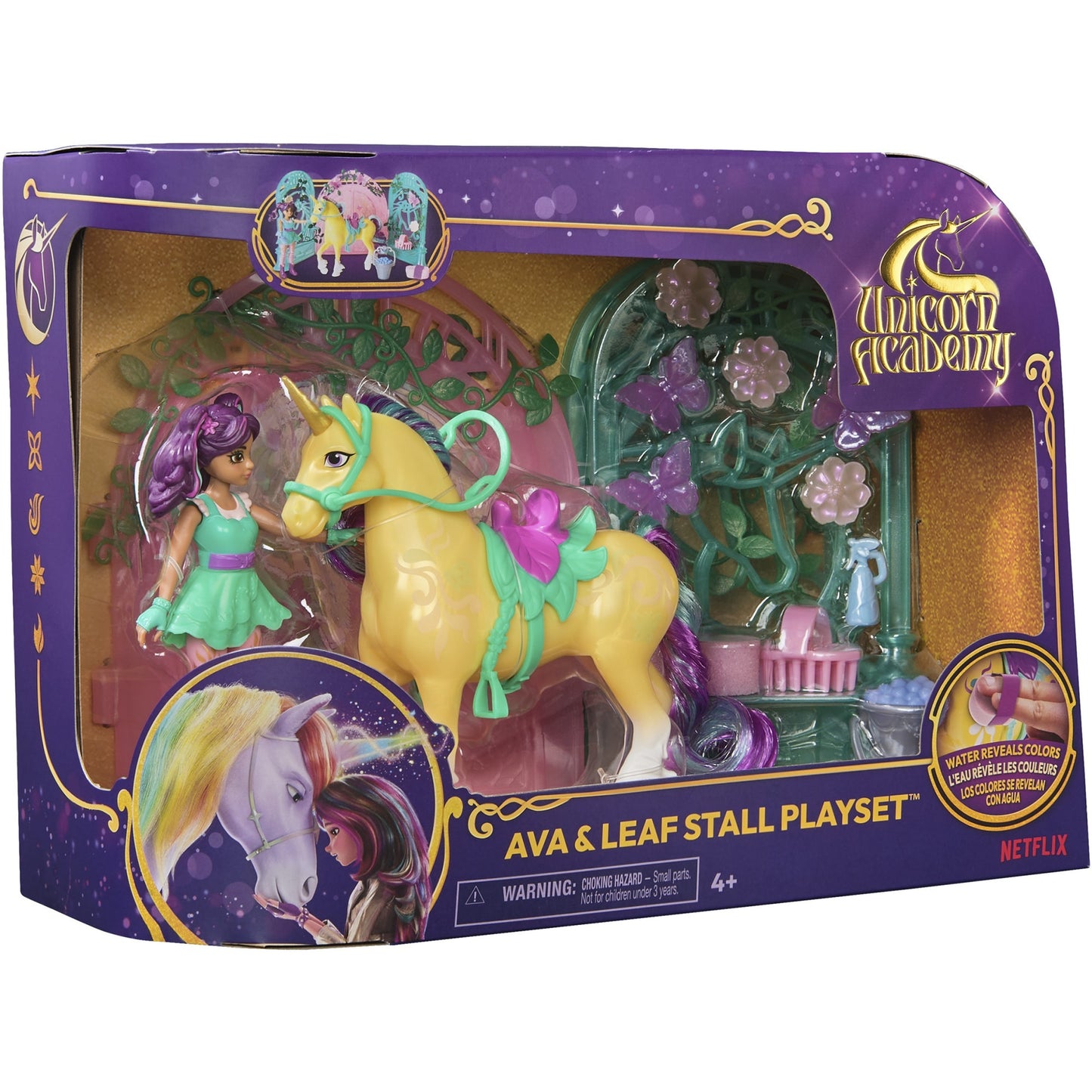 Unicorn Academy - Ava & Einhorn Leaf Stall Spielset mit Farbwechseleffekt, Spielfigur