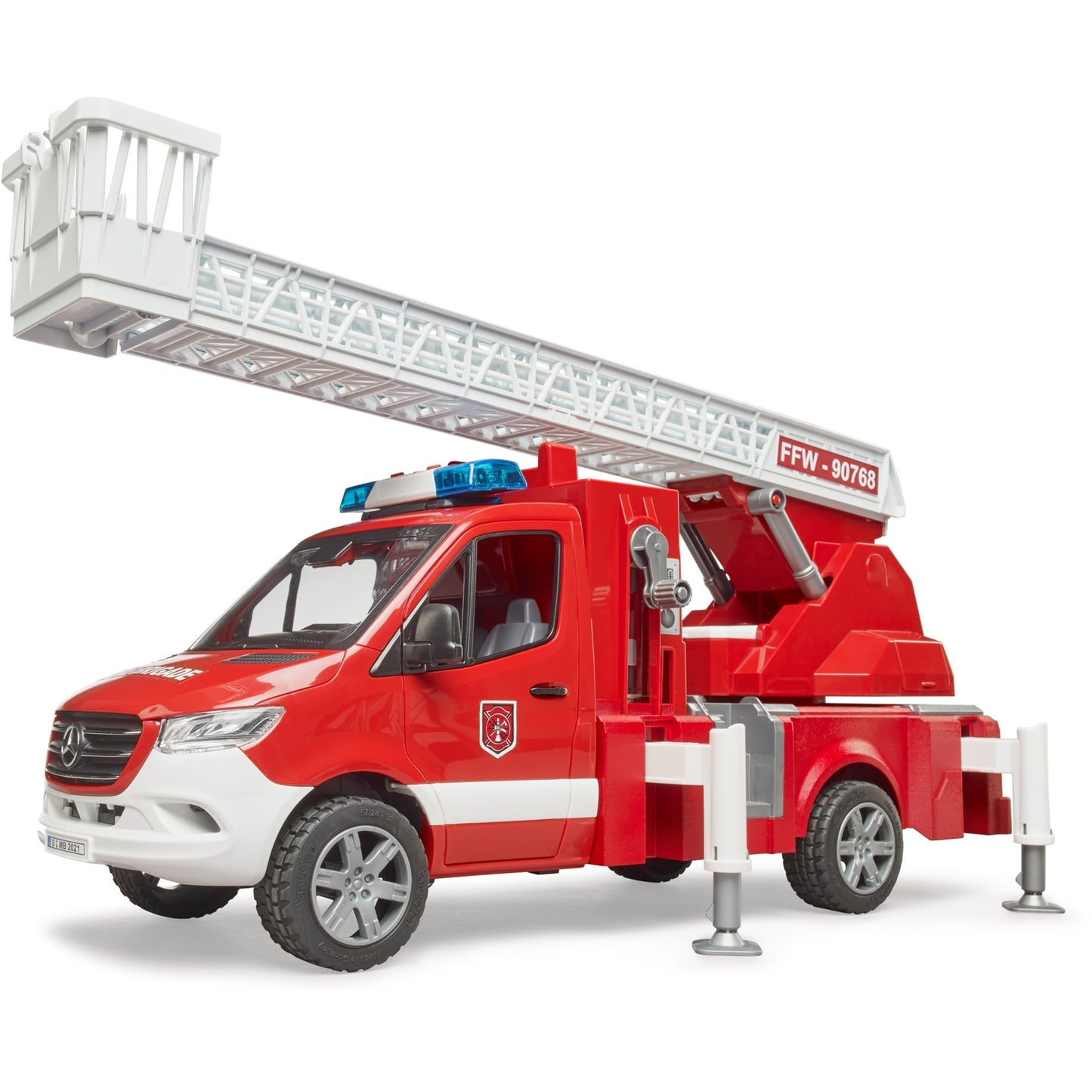 BRUDER MB Sprinter Feuerwehr mit Light & Sound Modul (rot/weiss, Drehleiter, Pumpe)