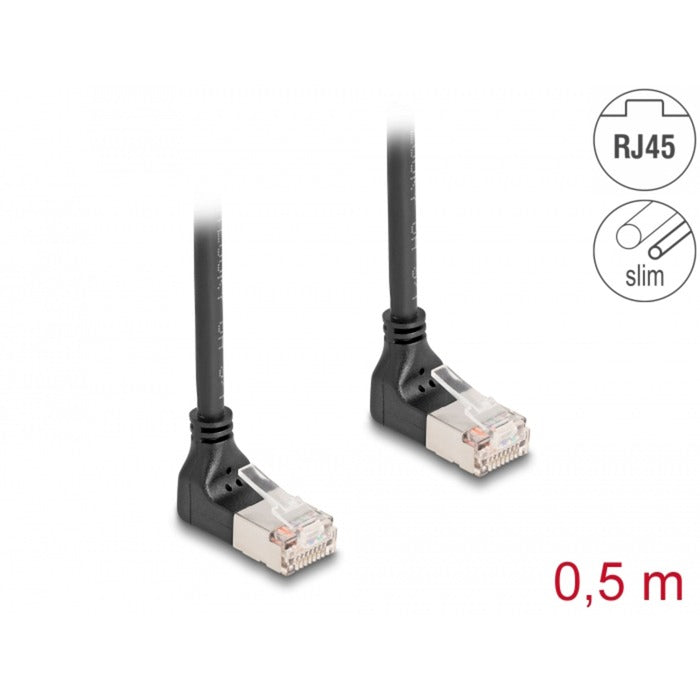 DeLOCK Patchkabel RJ-45 Cat.6a S/FTP, Slim 90° gewinkelt (schwarz, 0,5 Meter, nach unten abgewinkelte Stecker)