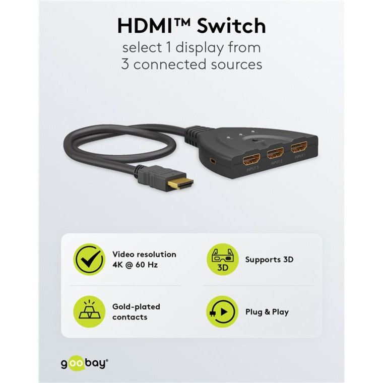 Goobay HDMI-Umschaltbox 3 auf 1 (4K @ 60Hz), HDMI Switch (schwarz, 55cm Kabel)