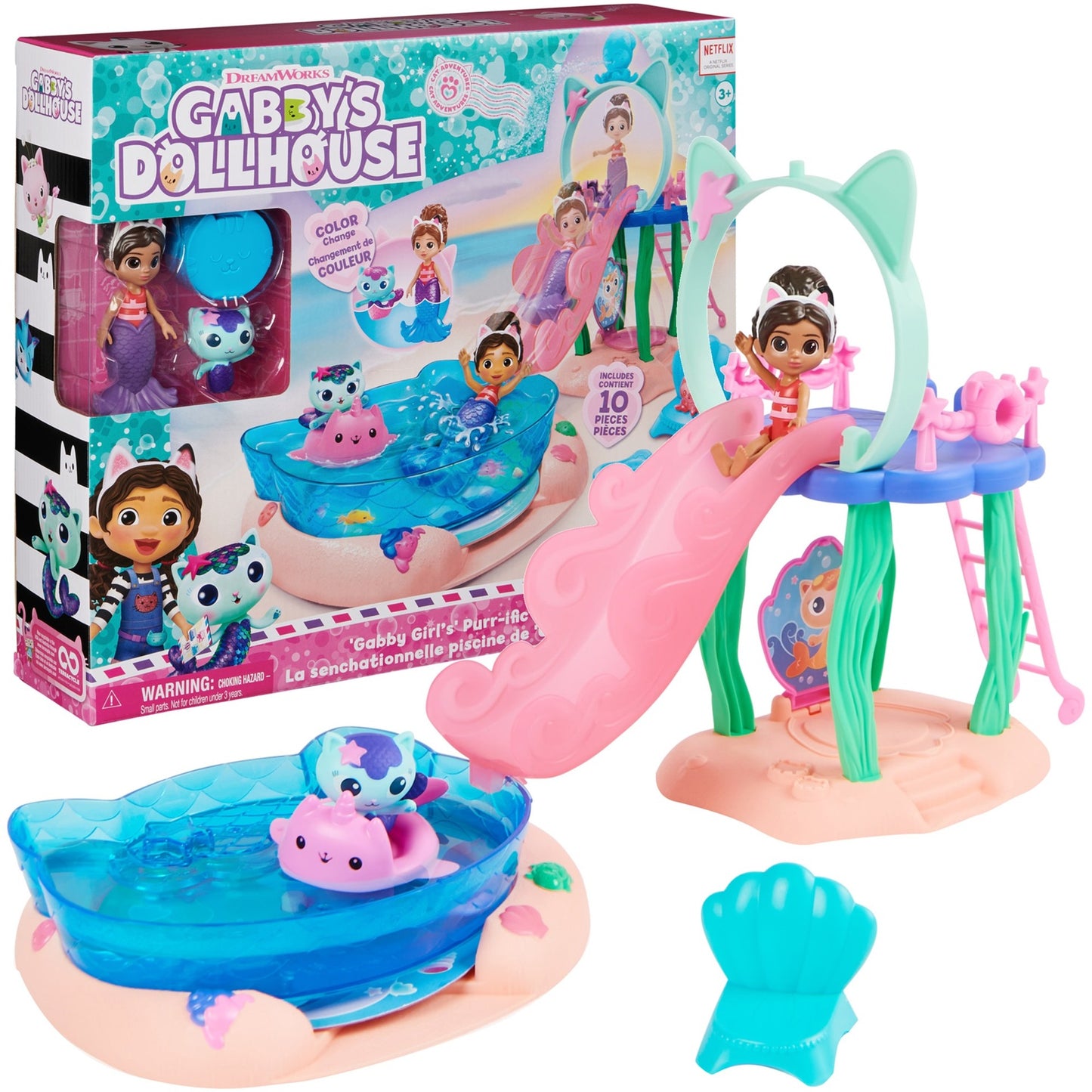 Spinmaster DreamWorks Gabby's Dollhouse Cat Adventures - Purrific Pool Party Spielset (mit Gabby- und Meerkätzchen-Figur)