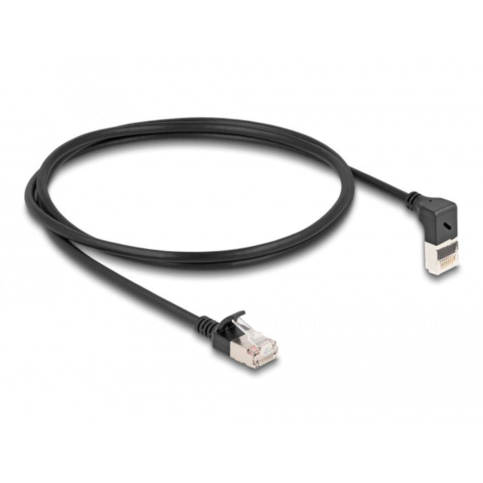 DeLOCK Patchkabel RJ-45 Cat.6a S/FTP, Slim 90° gewinkelt (schwarz, 1 Meter, 1x gerader, 1x unten abgewinkelter Stecker)