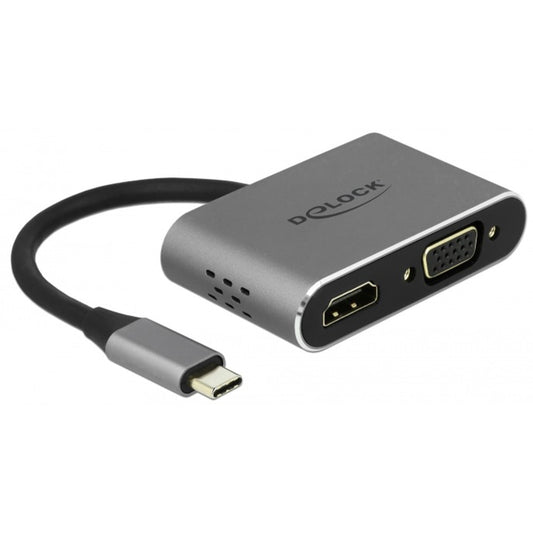 DeLOCK USB 3.2 Gen 1 Adapter, USB-C Stecker > USB-A + USB-C + HDMI + VGA Buchse (grau, 12cm, PD, Laden mit bis zu 87 Watt)