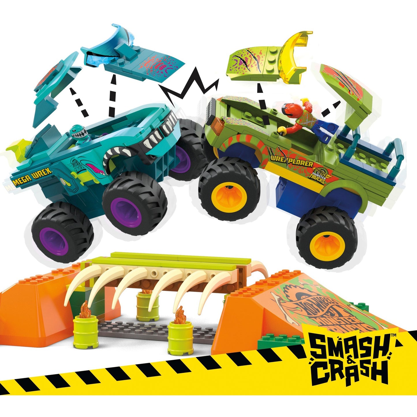 Mattel MEGA Hot Wheels Monster Trucks Mega-Wrex Knochen Crash Stuntbahn, Konstruktionsspielzeug