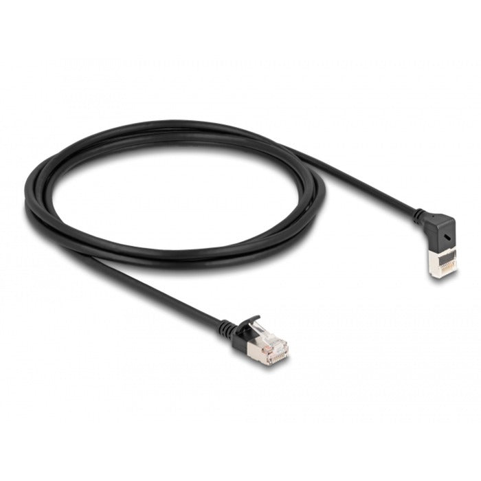 DeLOCK Patchkabel RJ-45 Cat.6a S/FTP, Slim 90° gewinkelt (schwarz, 2 Meter, 1x gerader, 1x unten abgewinkelter Stecker)