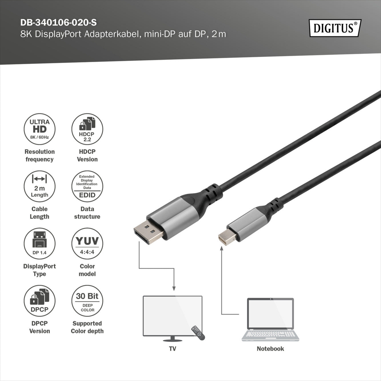 8K DisplayPort Adapterkabel, mini DisplayPort > DisplayPort
